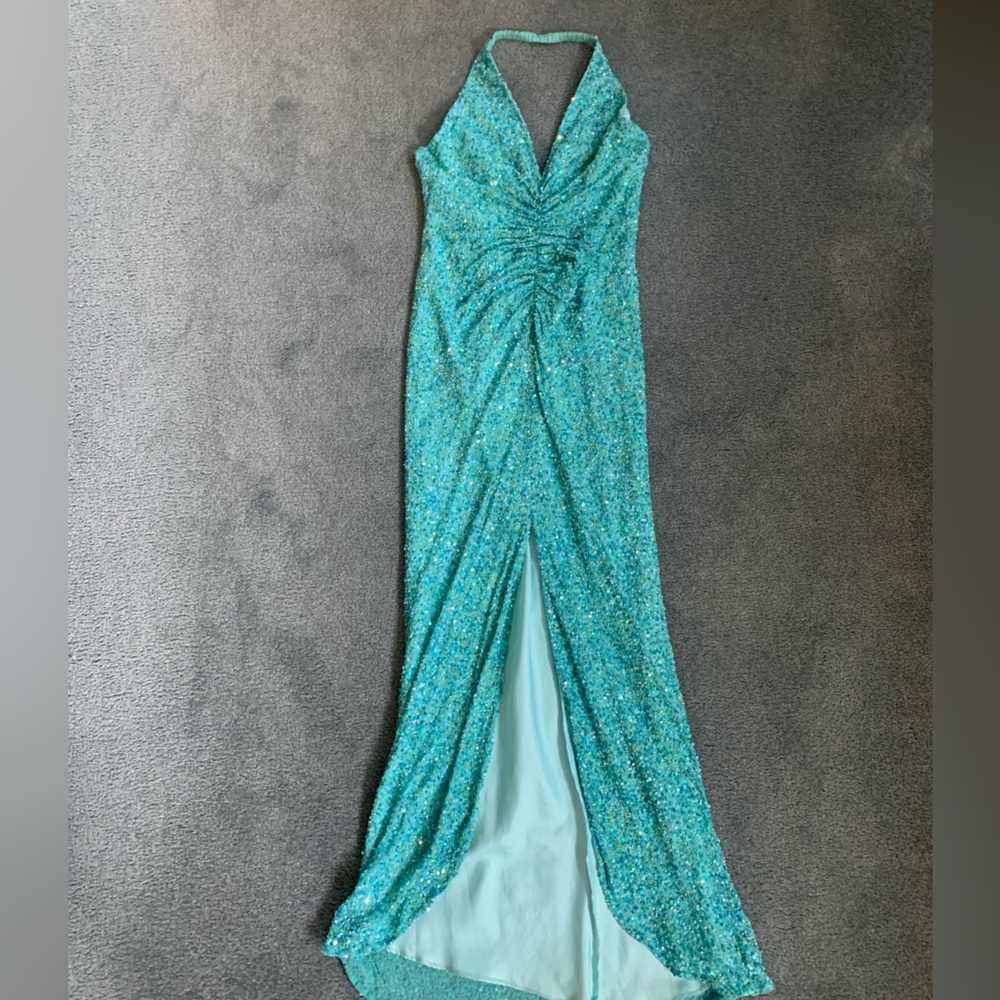 SCALA Teal Sequin Beaded Open Back Gown, Size L